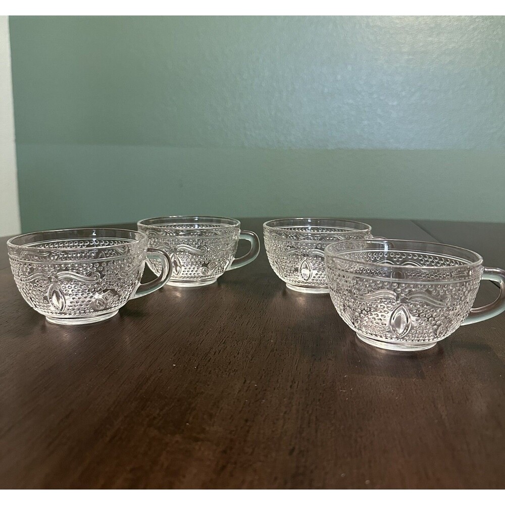 Vintage Depression Clear Glass Stippled Daisy Smooth Edge Cups Set of 4